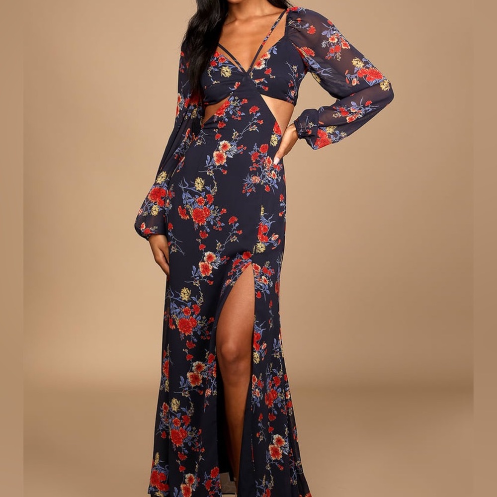 NWT: Growing, Gone Navy Blue Floral Print Cutout Maxi Dress | Size S